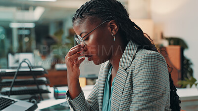 Buy stock photo Business, woman and headache of eye strain at desk for article pressure, burnout and news publication deadline. Black person, journalist and migraine in office for wrong glasses prescription or tired