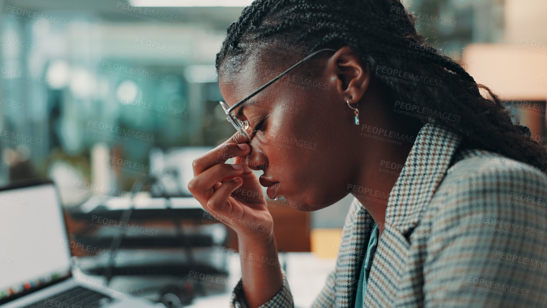 Buy stock photo Professional, woman and headache of eye strain in office for article submission deadline, brain fog and burnout. Black person, journalist and migraine for incorrect prescription, fatigue and stress