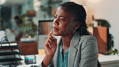 Buy stock photo Idea, confused and black woman in office with planning, decision or choice for company investment. Brainstorming, professional and African female financial manager thinking for corporate budget.