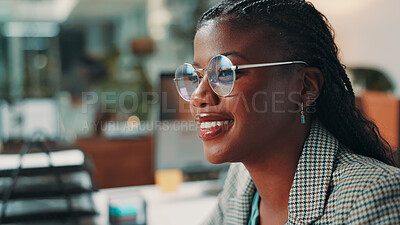 Buy stock photo Night, thinking and woman with glasses, happy and journalist with inspiration for article and working late. Business, reporter and black person with smile for story, ideas and planning for newsroom