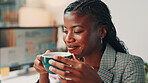 Happy, aroma and black woman with coffee in office with break, relax or calm in morning at magazine agency. Smile, scent and African female journalist with cappuccino, latte or caffeine beverage.