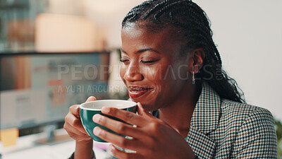 Buy stock photo Happy, aroma and black woman with coffee in office with break, relax or calm in morning at magazine agency. Smile, scent and African female journalist with cappuccino, latte or caffeine beverage.