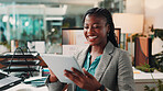 Business, funny and black woman in office, tablet and smile with story review, texting and website info. African person, publishing and employee in workplace, tech and digital app for editing and joy