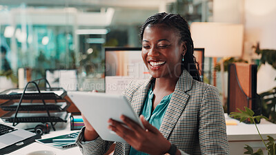 Buy stock photo Business, funny and black woman in office, tablet and smile with story review, texting and website info. African person, publishing and employee in workplace, tech and digital app for editing and joy