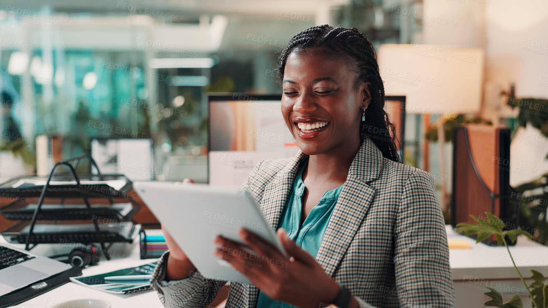 Buy stock photo Business, funny and black woman in office, tablet and smile with story review, texting and website info. African person, publishing and employee in workplace, tech and digital app for editing and joy