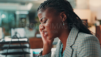 Buy stock photo Business, black woman and pain of headache in office for submission deadline, article pressure and mental health. Media agency, journalist and migraine for brain fog, news story mistake or overworked