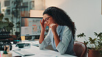 Business, woman and headache of stress in office for news publication deadline, article pressure or burnout. Media agency, journalist and migraine at desk for difficult story, blog mistake or fatigue