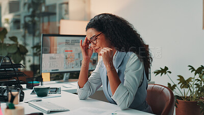 Buy stock photo Business, woman and headache of stress in office for news publication deadline, article pressure or burnout. Media agency, journalist and migraine at desk for difficult story, blog mistake or fatigue