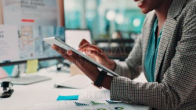 Buy stock photo Tablet, typing and businesswoman in office with research for online review at magazine agency. Happy, digital technology and editor working on creative project for journalism career in workplace.