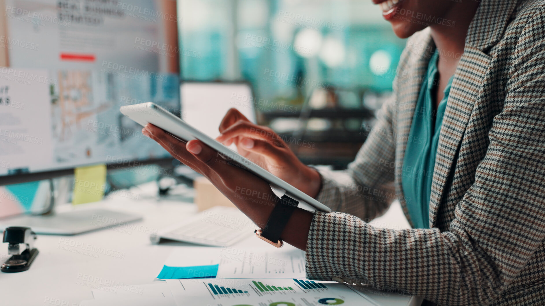 Buy stock photo Tablet, typing and businesswoman in office with research for online review at magazine agency. Happy, digital technology and editor working on creative project for journalism career in workplace.