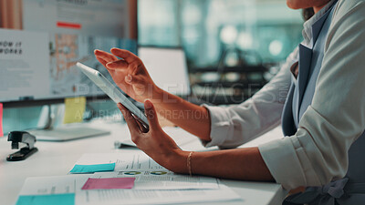 Buy stock photo Tablet, hands and businessperson in office with reading for online review at magazine agency. Research, digital technology and editor working on creative project with journalism career in workplace.