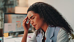 Professional, woman and headache of stress in office for article pressure, overwhelmed and story burnout. Media agency, journalist and migraine at desk for blog mistake, editing fatigue and brain fog
