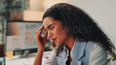 Buy stock photo Professional, woman and headache of stress in office for article pressure, overwhelmed and story burnout. Media agency, journalist and migraine at desk for blog mistake, editing fatigue and brain fog