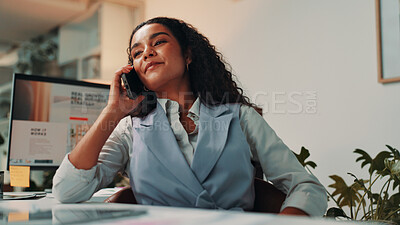 Buy stock photo Business, phone call and thinking with editor woman in office for administration or update. Conversation, feedback and review with happy employee in professional workplace for magazine publishing