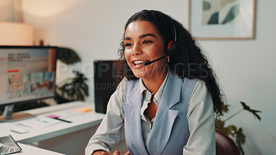 Buy stock photo Customer support, creative and business woman in office for virtual meeting, talking and interview. Media agency, publisher and person with headset for online discussion, consultation and webinar