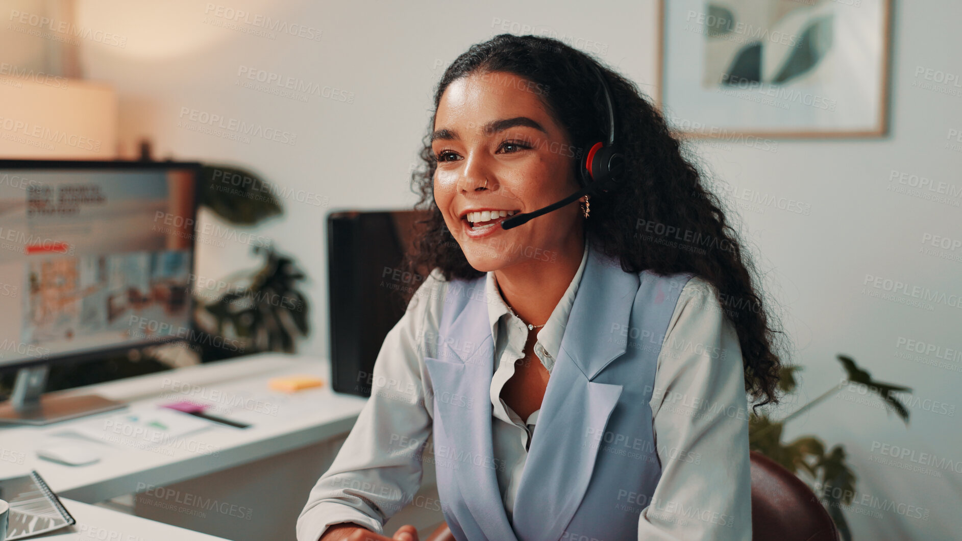 Buy stock photo Customer support, creative and business woman in office for virtual meeting, talking and interview. Media agency, publisher and person with headset for online discussion, consultation and webinar