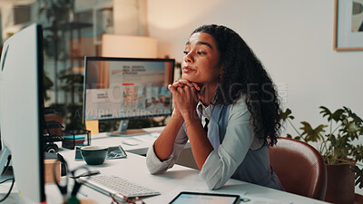 Buy stock photo Business woman, thinking and night with computer for project deadline, tasks or agenda at office. Female person, web designer or employee working late in wonder for new design or software update