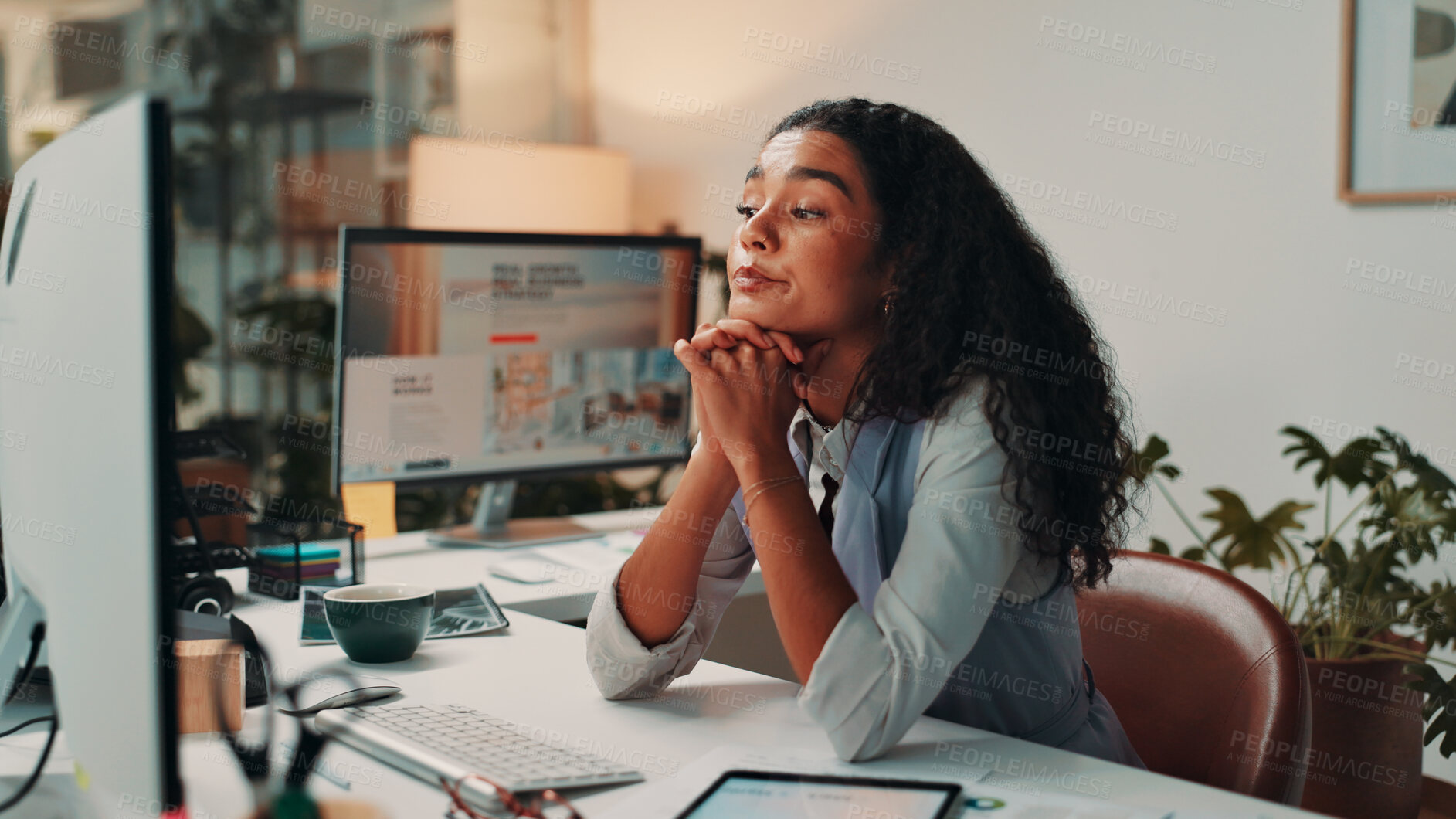 Buy stock photo Business woman, thinking and night with computer for project deadline, tasks or agenda at office. Female person, web designer or employee working late in wonder for new design or software update