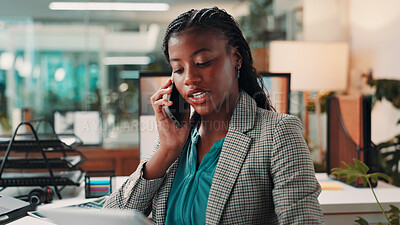 Buy stock photo Phone call, publishing and tablet with business black woman in office for communication or planning. Feedback, online magazine and review with editor person speaking on mobile for article update