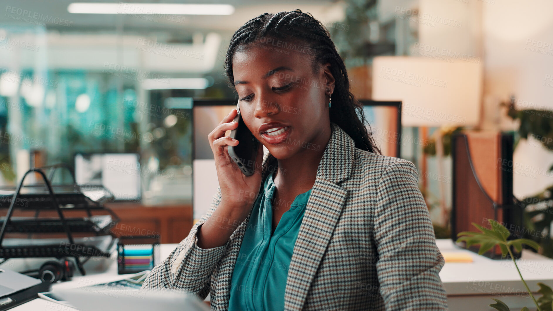 Buy stock photo Phone call, publishing and tablet with business black woman in office for communication or planning. Feedback, online magazine and review with editor person speaking on mobile for article update