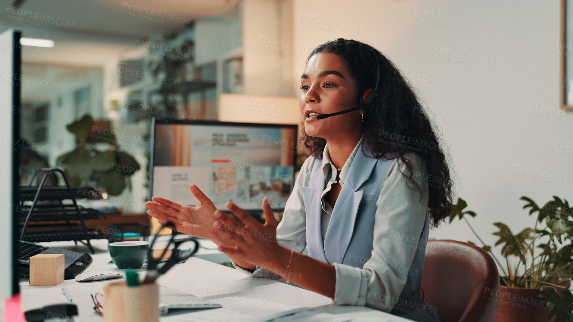 Buy stock photo Video call, creative and business woman on computer for virtual meeting, talking or interview. Media agency, publishing office and person with headset for discussion, consultation or customer service