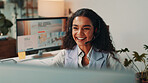 Video call, night and business woman on computer for virtual meeting, talking and interview. Media agency, publisher and happy person with headset for discussion, news story and client portfolio