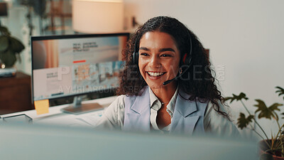 Buy stock photo Video call, night and business woman on computer for virtual meeting, talking and interview. Media agency, publisher and happy person with headset for discussion, news story and client portfolio