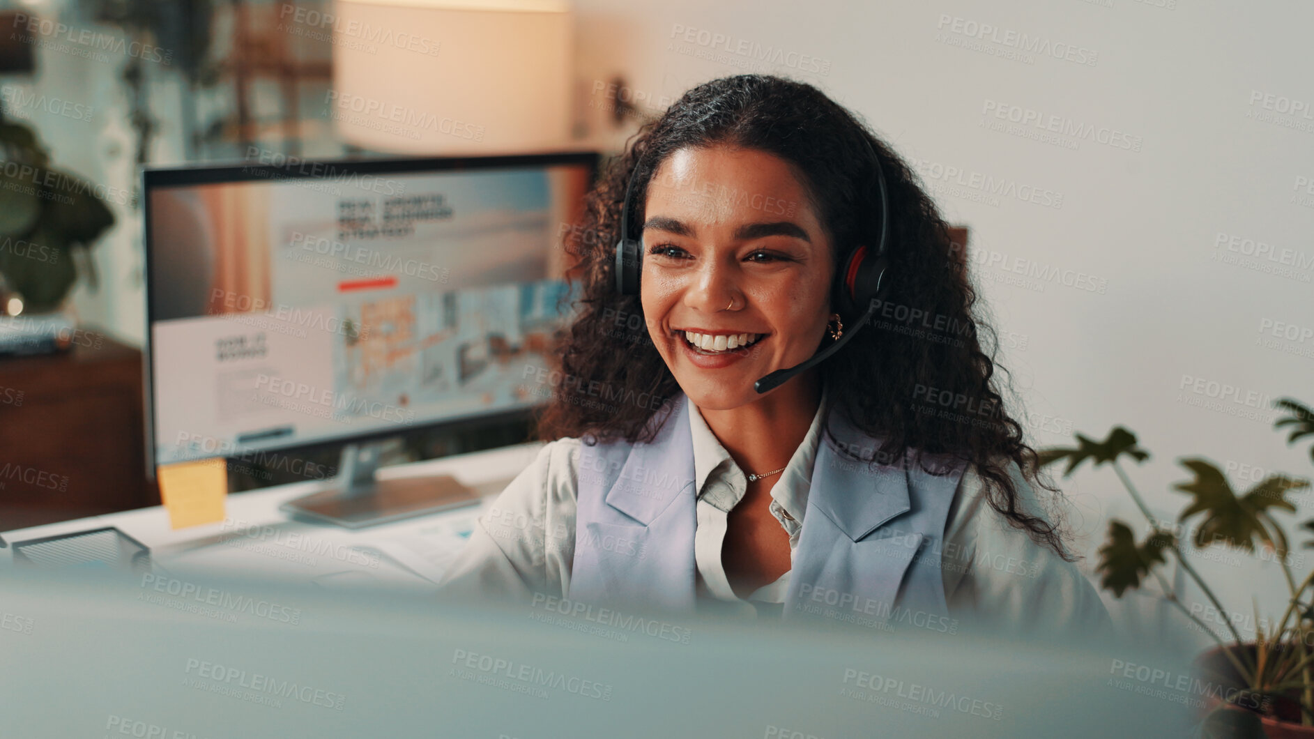 Buy stock photo Video call, night and business woman on computer for virtual meeting, talking and interview. Media agency, publisher and happy person with headset for discussion, news story and client portfolio