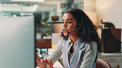 Buy stock photo Video call, office and business woman at night on computer for virtual meeting, talking and interview. Media agency, publisher and person with headset for discussion, news and customer service
