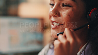 Buy stock photo Talking, receptionist or woman in call center with mic for appointment, contact support or business consulting. PA, secretary and assistant with headset, help or communication for booking schedule