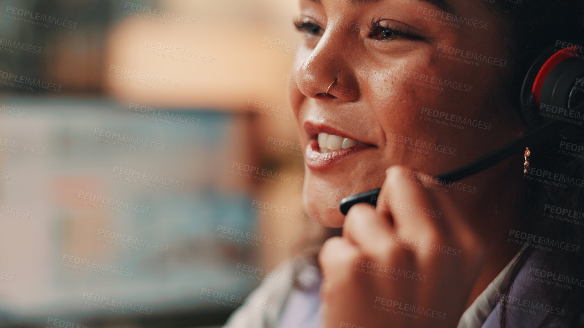 Buy stock photo Talking, receptionist or woman in call center with mic for appointment, contact support or business consulting. PA, secretary and assistant with headset, help or communication for booking schedule