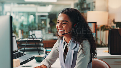 Buy stock photo Video call, creative business and happy woman on computer for virtual meeting, talking or interview. Media agency, publisher and person with headset for discussion, news profile and customer service