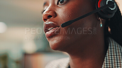 Buy stock photo Mouth, receptionist or black woman with call center headset for appointment, contact or business. PA, secretary and African assistant with mic closeup, computer or communication for booking clients
