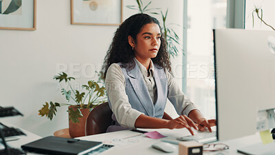 Buy stock photo Business, typing and woman in office, computer and editing with internet, fashion magazine and review. Person, journalist and employee in workplace, pc and research for article, copywriting and email