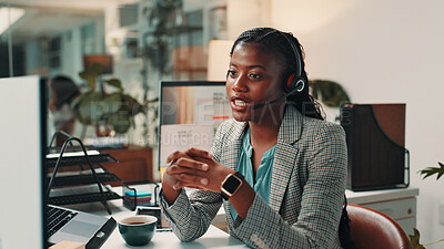 Buy stock photo Video call, creative office and business black woman on computer in virtual meeting, talking or interview. Media agency, customer service and person with headset for discussion, consulting or webinar