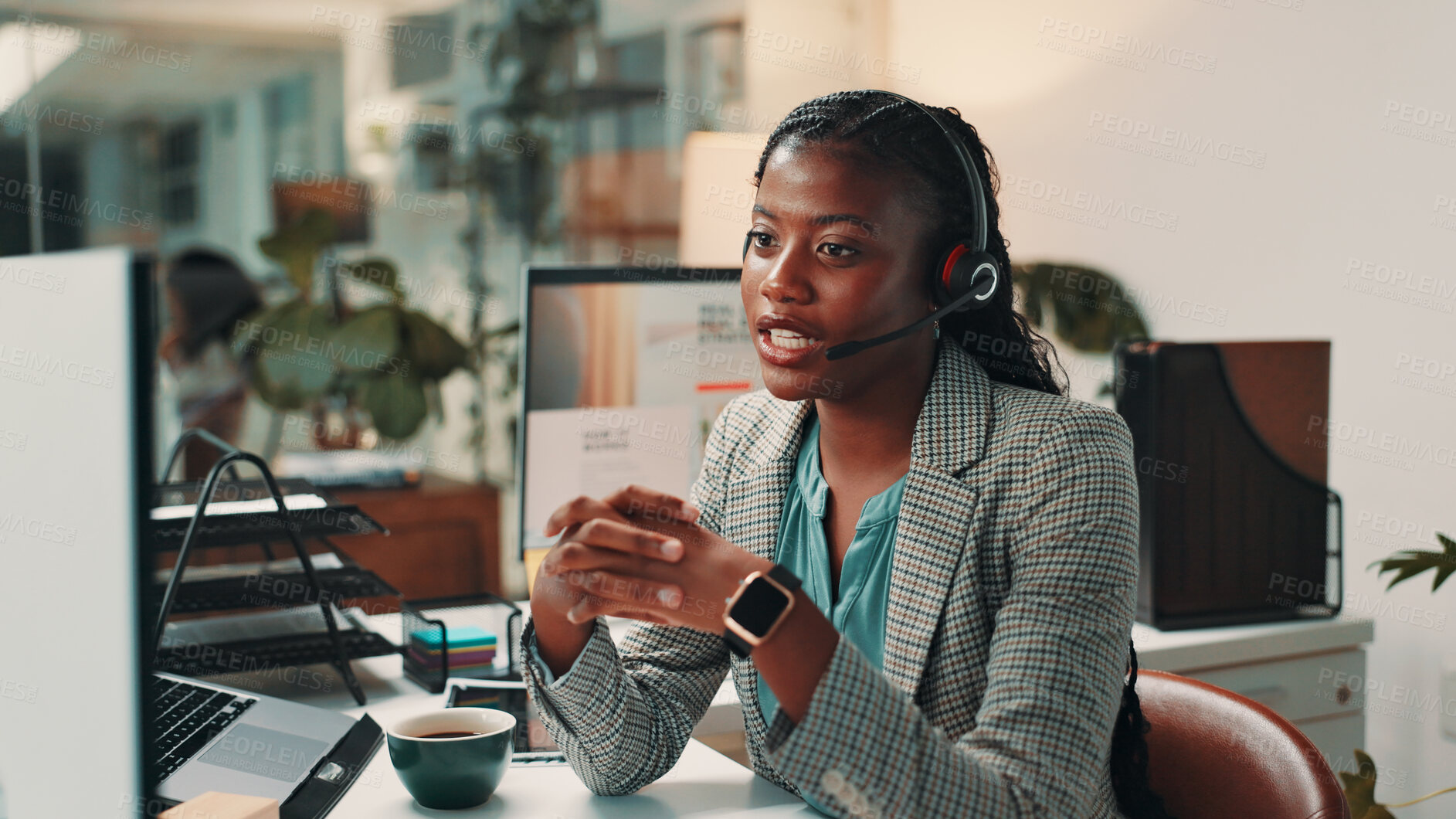 Buy stock photo Video call, creative office and business black woman on computer in virtual meeting, talking or interview. Media agency, customer service and person with headset for discussion, consulting or webinar