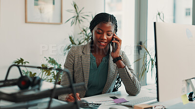 Buy stock photo Talking, receptionist or black woman with phone call for appointment, contact or planning in business. PA, secretary and African assistant with mobile, computer or communication for calendar booking