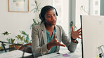 Computer, black woman and virtual assistant in office with headset for meeting, schedule or appointment. Audio tech, desktop and African receptionist with online call for advice, help or contact us.