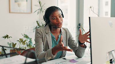 Buy stock photo Computer, black woman and virtual assistant in office with headset for meeting, schedule or appointment. Audio tech, desktop and African receptionist with online call for advice, help or contact us.