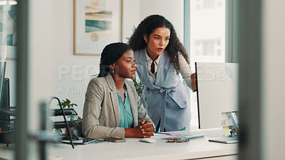 Buy stock photo Teamwork, business people and women in office, computer and help with conversation, publishing and advice. Employees, coaching or mentor in workplace, editorial staff or female empowerment with email