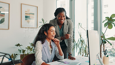 Buy stock photo Teamwork, business people and women with computer, funny and help with conversation, publishing and joke. Employees, laughing or mentor in workplace, online humor or female empowerment with email