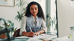 Business woman, notes and documents in office for project, admin and review for proposal. Person, technology and pc for research, planning or feedback for perspective for creative agency management
