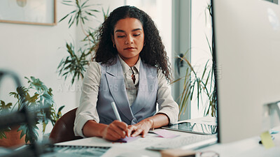 Buy stock photo Business woman, notes and documents in office for project, admin and review for proposal. Person, technology and pc for research, planning or feedback for perspective for creative agency management