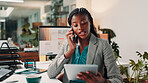 Phone call, review and tablet with business black woman in office for administration or update. Conversation, feedback and proposal with serious African employee at desk in workplace for negotiation