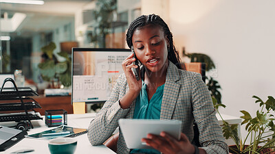 Buy stock photo Phone call, review and tablet with business black woman in office for administration or update. Conversation, feedback and proposal with serious African employee at desk in workplace for negotiation