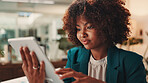 Tablet, reading and black woman in office with research, communication or online report for KPI. Digital technology, business and African female brand manager monitoring online campaign in workplace.