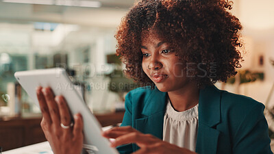Buy stock photo Tablet, reading and black woman in office with research, communication or creative report for KPI. Digital technology, business and African brand manager monitoring online campaign in workplace.