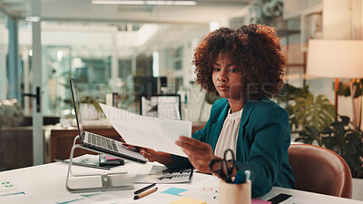 Buy stock photo Business woman, reading and documents with laptop for web design, statistics or company report at office. Female person, creative designer or planner with paperwork, ideas or schedule for project