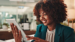 Tablet, happy and black woman in office with communication, research or creative report for KPI. Digital technology, reading and African female brand manager monitoring online campaign in workplace.