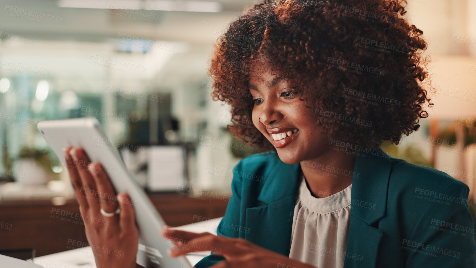 Buy stock photo Tablet, happy and black woman in office with communication, research or creative report for KPI. Digital technology, reading and African female brand manager monitoring online campaign in workplace.